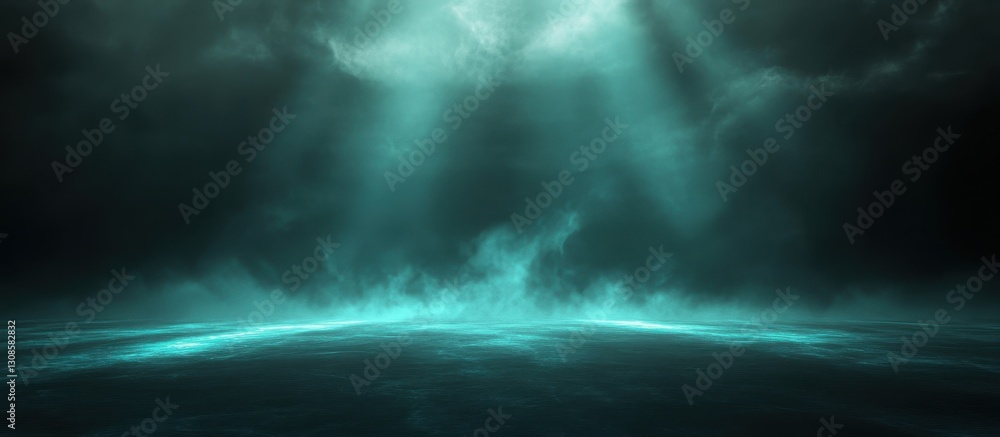 Poster ethereal light rays streaming through dark stormy clouds over a mysterious ocean surface with glowin