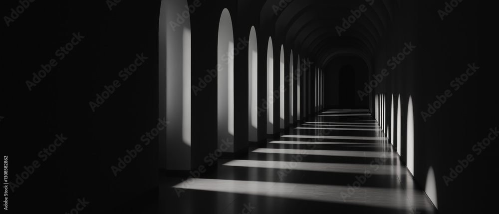 Poster black and white photograph of a long, narrow corridor with a high ceiling. the corridor is made up o
