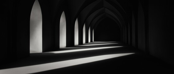 Black and white photograph of a long corridor with arches. the corridor is dimly lit, casting a long shadow on the floor and walls.