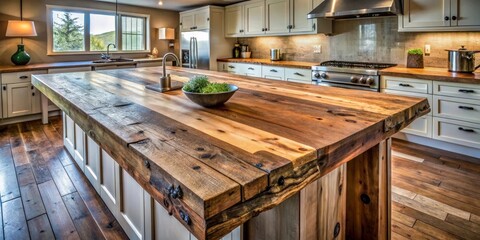 Rustic Charm A Kitchen Island Showcasing a Weathered Wood Countertop, Crafted from Reclaimed Lumber, and Integrated Seamlessly into a Bright, Modern Kitchen Design