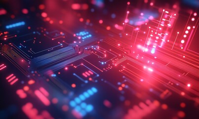 Fototapeta premium This AI-themed abstract background features a glowing microchip with bright neon circuitry, symbolizing artificial intelligence, machine learning, and futuristic technology
