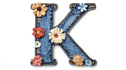 Obraz premium denim letter K with gentle sewed flowers on with white background.