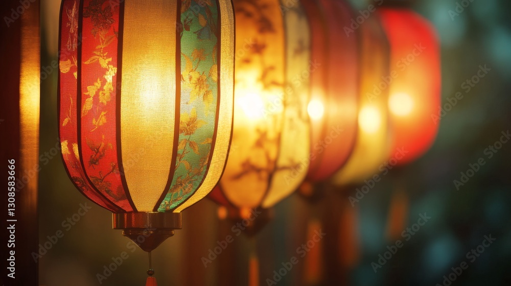 Poster a stunning image showcasing vibrant lanterns adorned with floral patterns glowing warmly. the soft f