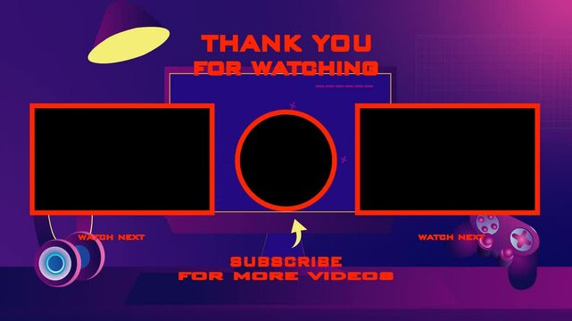 Animated YouTube end screen with an industrial game theme, featuring a computer desk, game controller, and headphones.
