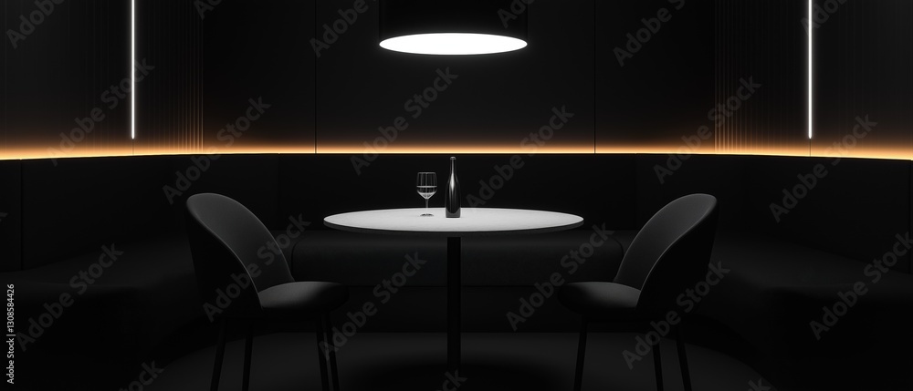 Poster dimly lit room with a round table in the center. the table is white and has a glass of wine and a bo