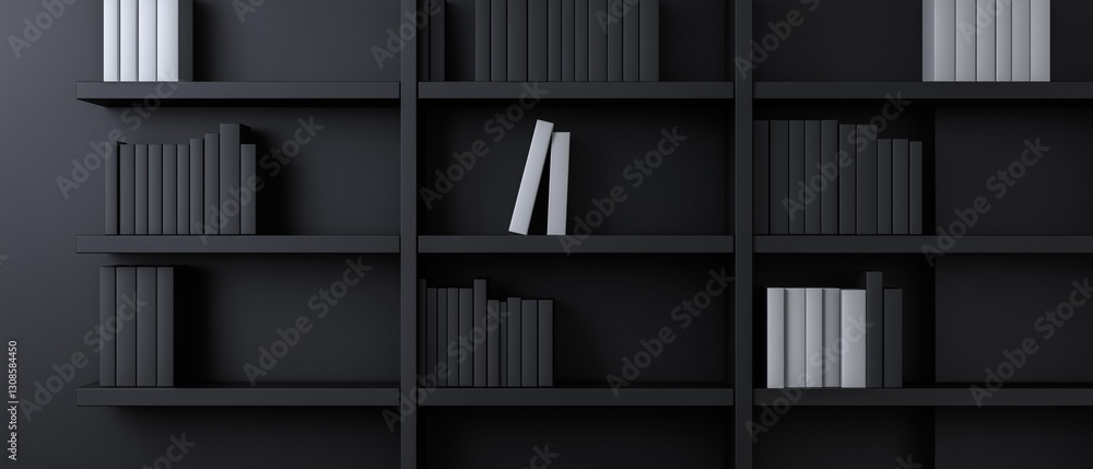 Poster black bookshelf with six shelves. the shelves are arranged in a grid-like pattern, with each shelf c