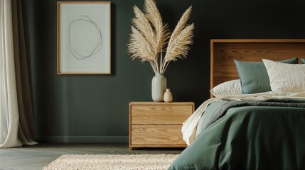 Generative AI, Scandinavian Minimalist Bedroom with Natural Wood Accents and Cozy Atmosphere