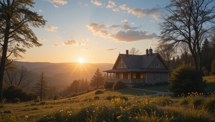 Sunset serenity at a quaint mountain house nature landscape calm environment scenic view tranquility concept