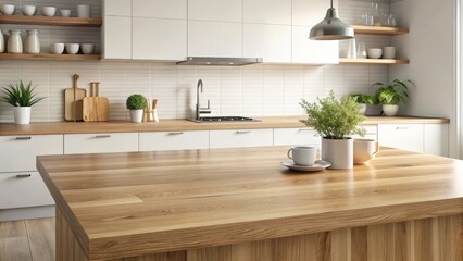 Modern kitchen island with light wood countertop, minimalist design and natural elements