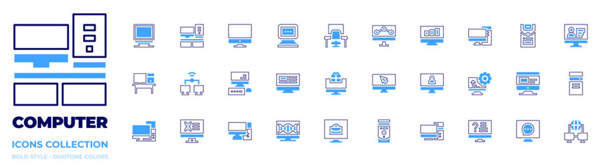 Computer icon collection. Bold style. Duotone colors. chat, monitor, online question, computer, cpu, research, workplace, skills, chemistry, click, pc