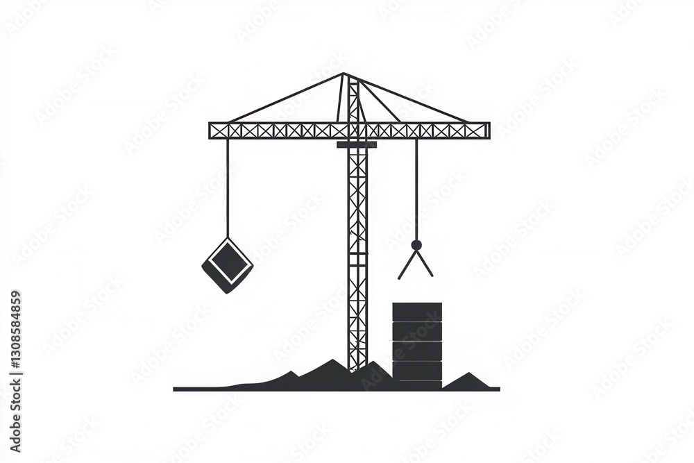 Poster minimalist construction logo featuring a tower crane lifting a block at a construction site with a m