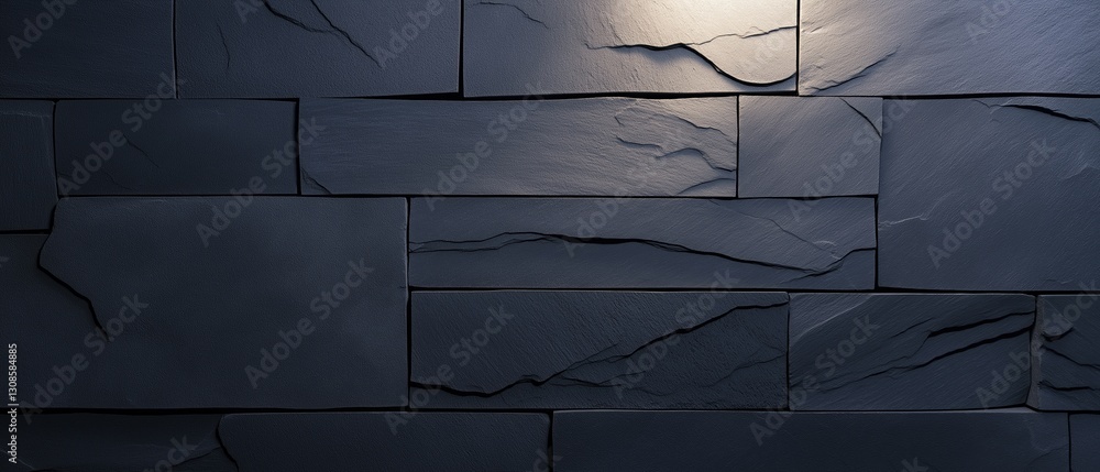 Poster close-up of a wall made of dark blue stone tiles. the tiles are arranged in a grid-like pattern, wit