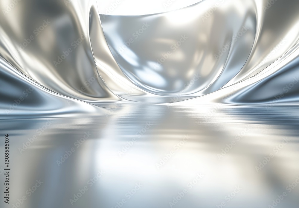 Poster fluid silver metallic surface with smooth reflections and gentle curves, creating a serene and futur