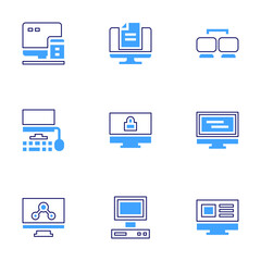 Computer icon set. Bold line style. Duotone colors. Editable stroke. connection, personal computer, computer, locked computer, old computer, pc