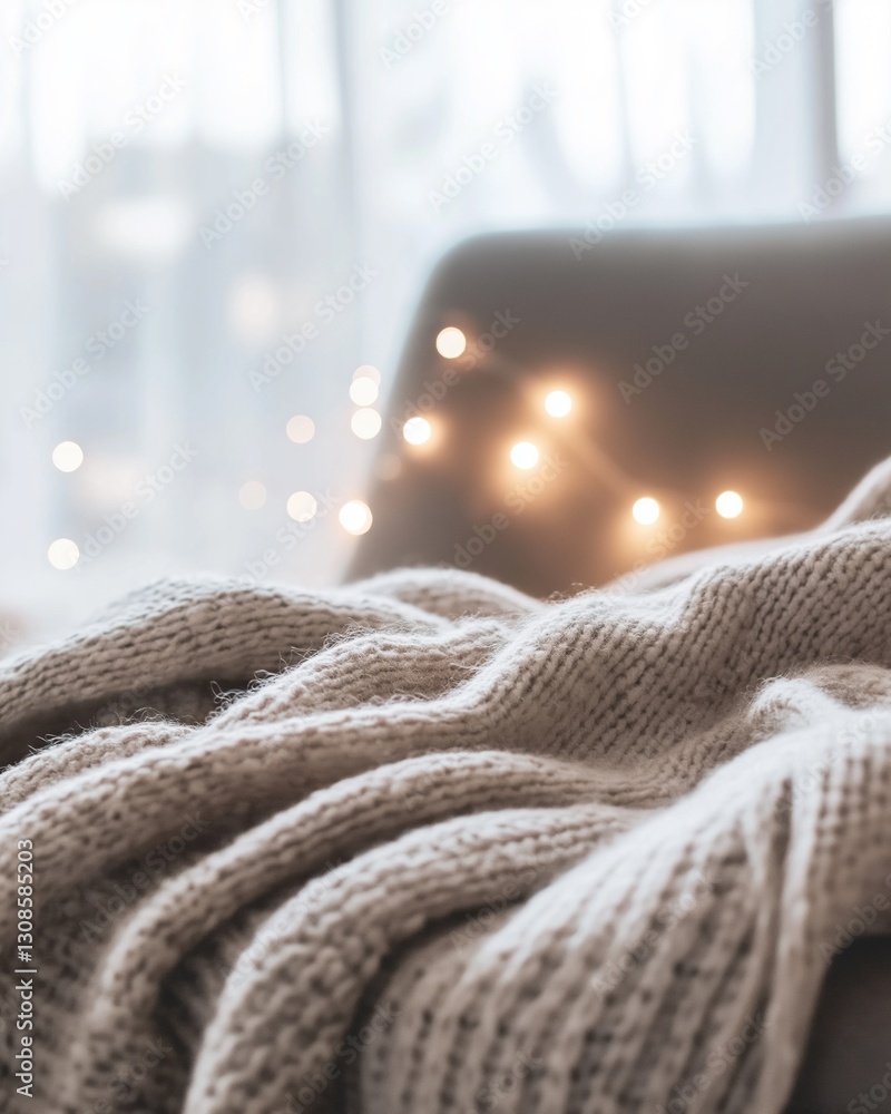 Poster close-up of a beige knitted blanket on a couch. the blanket is folded neatly and appears to be made 