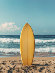 Surfboard by the shore: A lone, sun-kissed surfboard stands ready on a sandy beach, framed by the vast expanse of the ocean and sky. The scene evokes feelings of adventure, freedom.