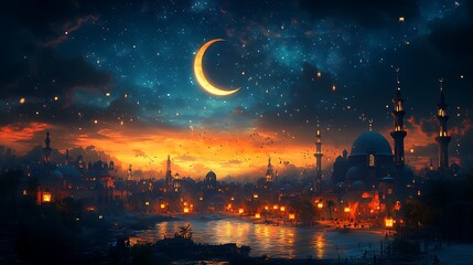 Naklejka premium Magical Arabian Night Cityscape Crescent Moon Starscape art sky dark blue calm lamps water river 