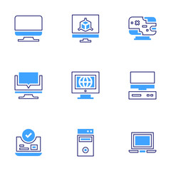Computer icon set. Bold line style. Duotone colors. Editable stroke. monitor, computer, computer tower, pc, online booking
