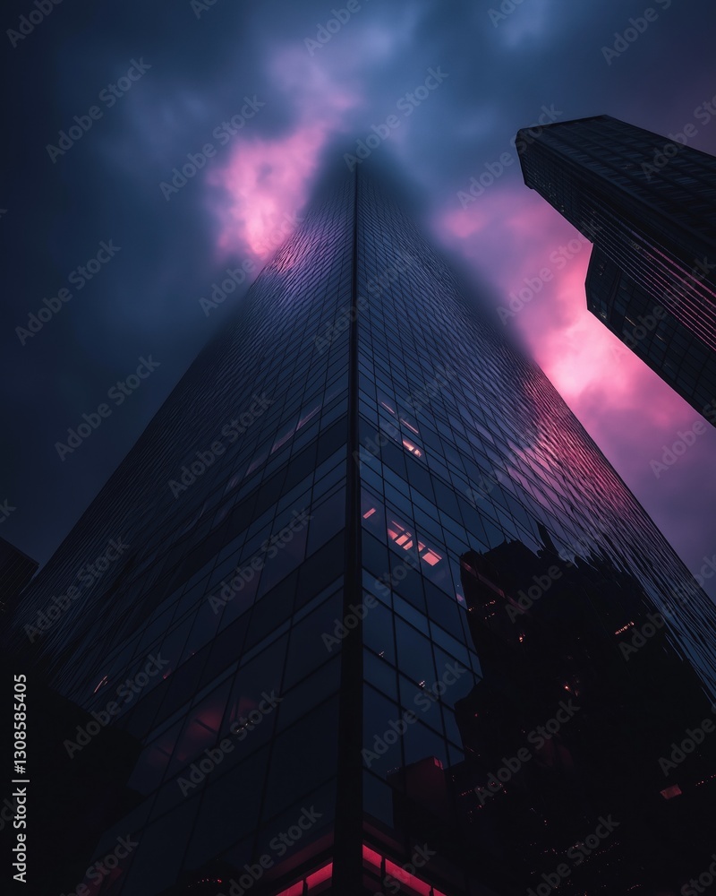 Poster photograph of a tall skyscraper at night. the skyscraper is made up of multiple levels, with the top