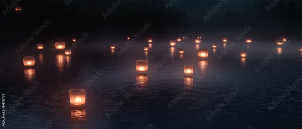 Aufkleber group of lanterns floating on a body of water at night. the lanterns are lit up, creating a warm glo