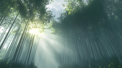 Fototapeta premium Serene bamboo forest with soft mist and sunlight wallpaper tranquil nature scene peaceful environment enchanting viewpoint