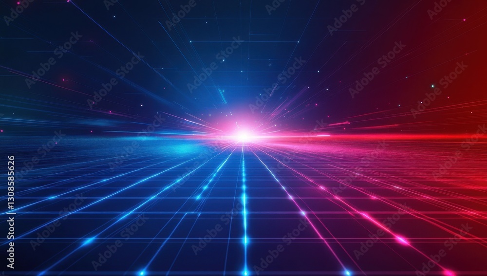 Poster futuristic abstract background with neon lights and lines in blue and red hues creating a sense of d