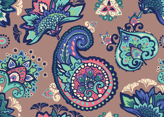 Seamless paisley pattern in Oriental style with floral and ethnic motifs for printed fabric, wallpaper, and packaging