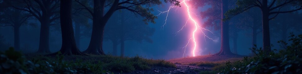 A lightning bolt illuminates the dark and mysterious forest, tree, ground