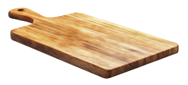 Wooden cutting board with a handle, isolated on transparent cutout background