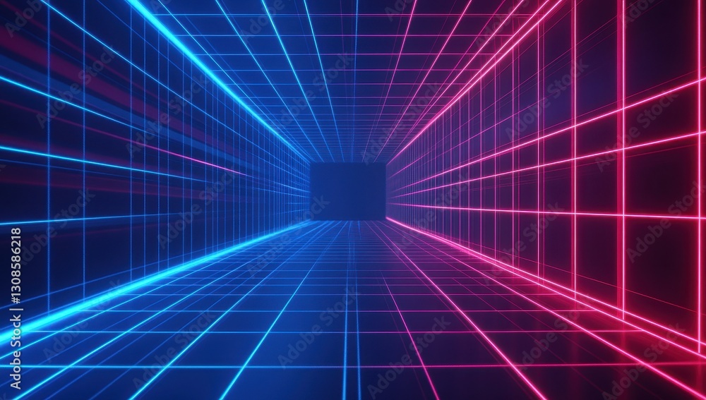 Poster futuristic abstract tunnel with neon grid lines in blue and pink illuminated colorful background for
