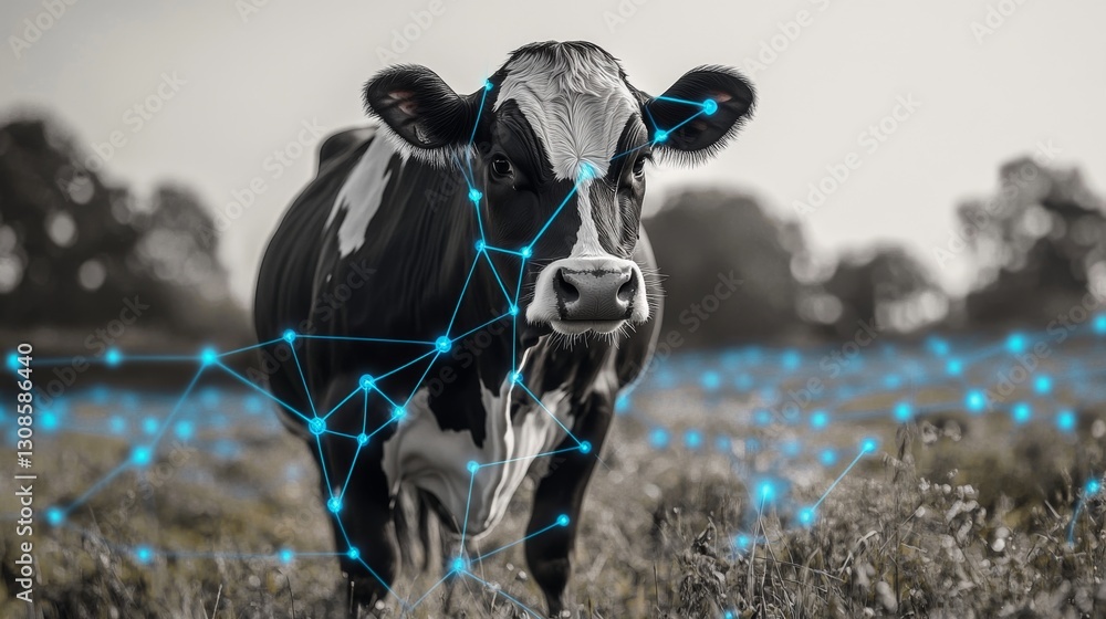 Poster a focused view of a dairy cow standing in a field with an overlay of a digital network, symbolizing 