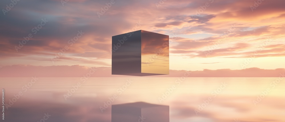 Poster digital illustration of a cube floating in the middle of a body of water. the cube is in the center 