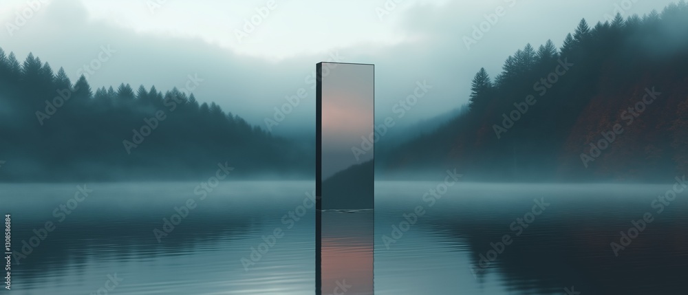 Poster photograph of a tall, rectangular mirror standing in the middle of a calm lake. the mirror is reflec