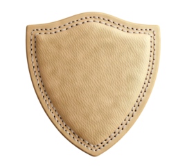Vintage leather badge in shield shape with decorative stitching, isolated on transparent cutout background