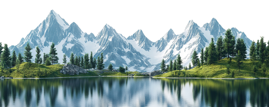 Serene alpine panorama with mirror-like lake and sharp mountain peaks, isolated on transparent cutout background