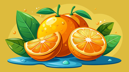 Fresh orange fruit whole and slices with leaves and drops falling flying