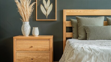 Generative AI, Scandinavian Minimalist Bedroom with Natural Wood Accents and Cozy Atmosphere