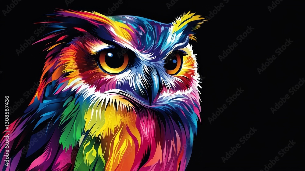 Poster a strikingly detailed owl illustration featuring a burst of vibrant colors and intricate patterns, s