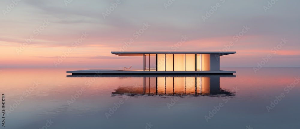 Aufkleber modern floating house on a small island in the middle of the ocean. the house is made of concrete an