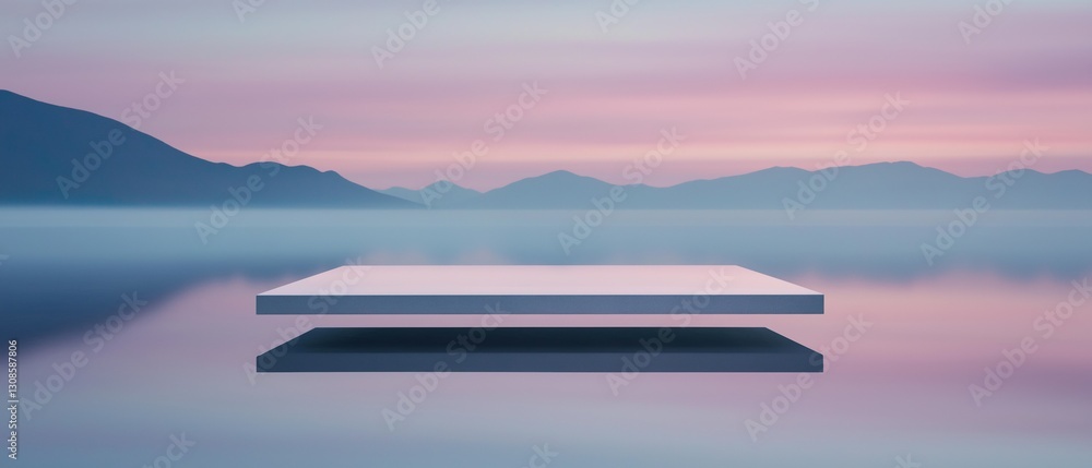 Poster digital illustration of a floating platform in the middle of a body of water. the platform is white 