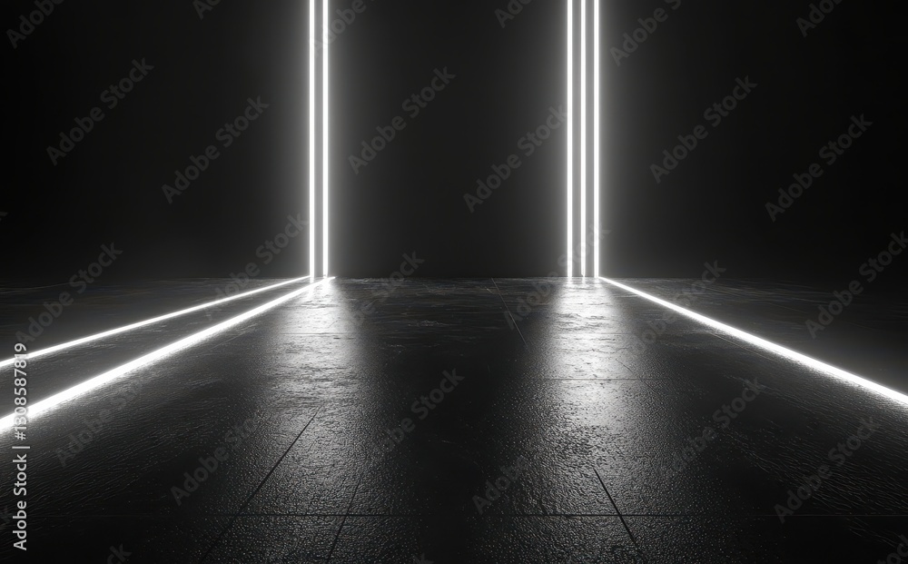 Poster futuristic dark corridor with glowing white lines and reflections on a smooth surface creating a mys