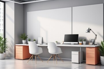 Modern office interior with workstation and pc, laptop in a spacious room with blank wall for mockup