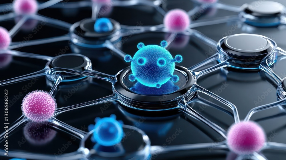 Poster microscopic network: a vibrant and intricate network of interconnected spheres, representing the mic