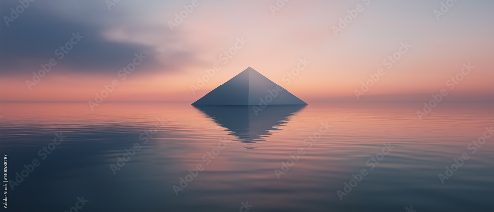 Poster photograph of a pyramid floating in the middle of a body of water. the pyramid is in the center of t