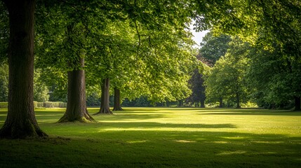 Sunlit Green Park Landscape with Lush Trees and Grass