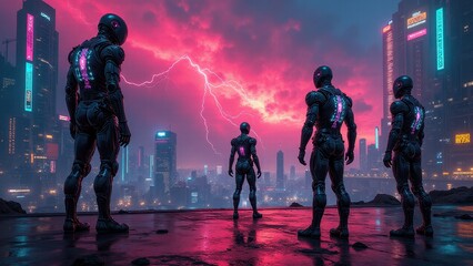 Cybernetic implants visuals, Futuristic biomechanical humans with glowing cybernetic implants in a neon-saturated cityscape under an electric storm s