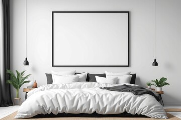 Modern bedroom interior with white bed and stylish white blank frame on the wall for mockup