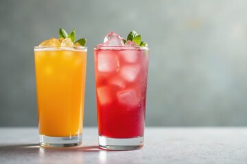 Stylish trio of iced drinks against a neutral backdrop, infused water, beverages