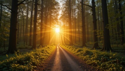 Fototapeta premium Sunrise path through enchanted forest nature photography peaceful setting landscape beauty of dawn