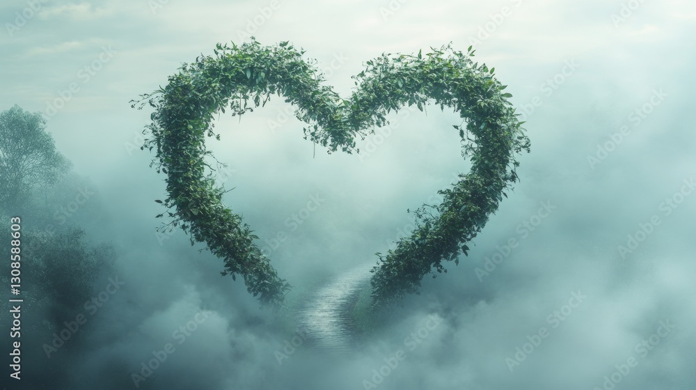 Poster ethereal view of a heart-shaped archway formed by lush green foliage amidst a misty forest. a mystic